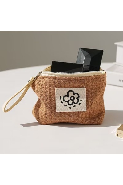 Choice1 Brown Cute Little Flower Mini Makeup Bag, Fashionable Simple Waffle P...