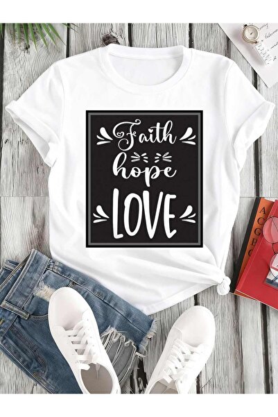 23 nisan Women'S Round Neck T-Shirt in White Featuring Faith, Hope, Love. Thi...