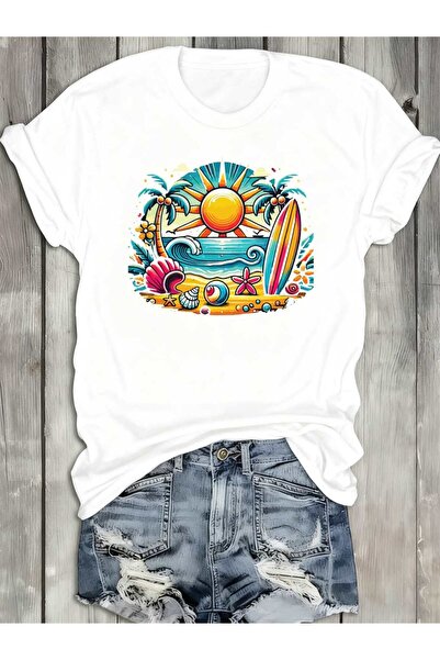 212Wear Women'S White 180gsm 100% T-Shirt Tropical Vibes Surf Palm Tree Graph...