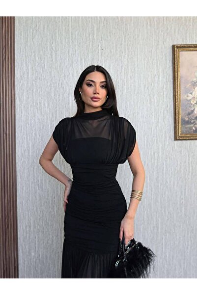 LAVİA BUTİK Tül Yaka Drapeli Balık Kesim Abiye Elbise