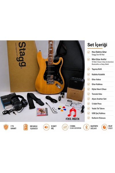 STAGG Firil Müzik SES-60 NAT Hss Strat Amfili Full Elektro Seti