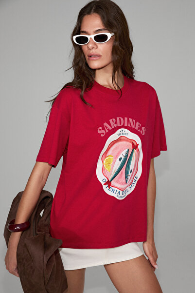 GRIMELANGE Sardi Women's Soft Fabric 100% Organic Cotton Red T-Shirt with Pri...