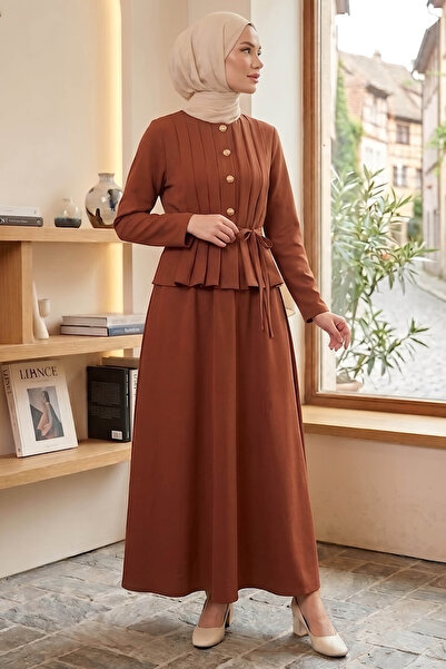 TOFİSA Pile Detailed Skirt Suit Brown - 28496-Brown