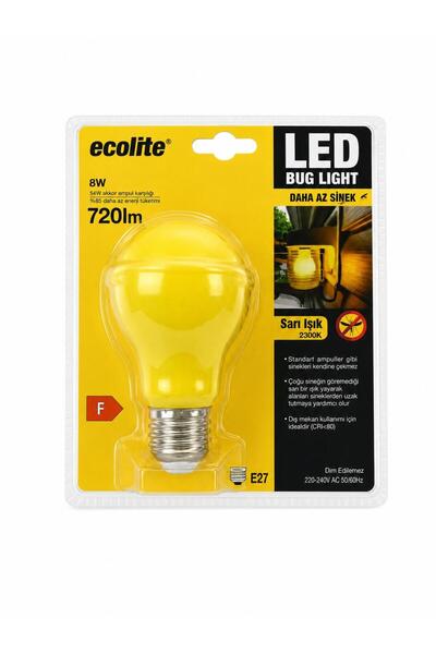 Ecolite LED Bug Light 8W Sarı Işık Sinek Kovucu Ampul E27 Duy 720 Lümen 2300K...