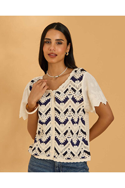 REDTAG Women Ivory And Navy Crochet Top