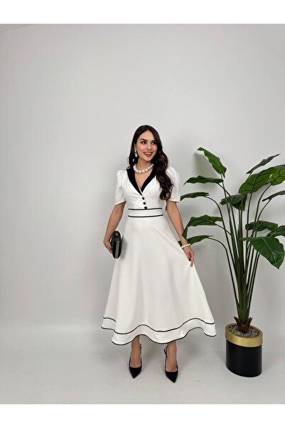 İZYA Natali Button Detailed Atlas Fabric Invitation Engagement Evening Dress