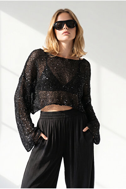 Olalook Women's Black Sequined Openwork Crop Knitwear Blouse Blz-19003423