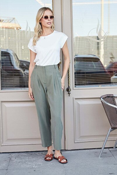 Jument Women's Modal Diagonal High Waist Pleated Boyfriend Pants with Side Po...