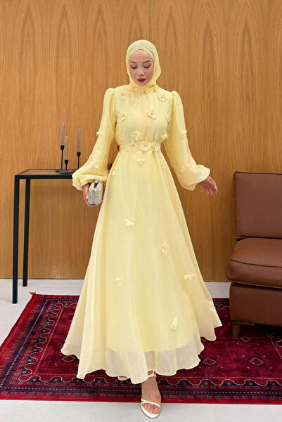 fushya design Çiçek Detaylı Kıloş Organze Elbise