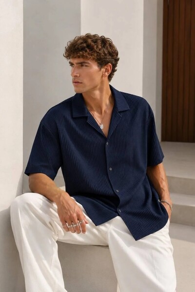 MADZEYMODA Men's Corduroy Short Sleeve Navy Blue Shirt Ls-19192