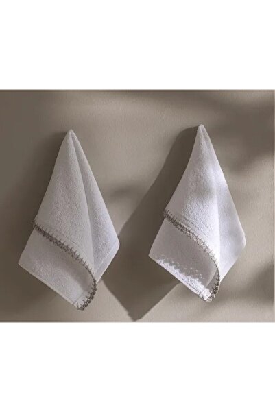 Madame Coco Camille 2-Pack 100% Cotton Crochet Hand Towels - White/Grey - 30X...