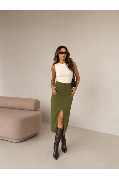 SHEVEGA Women's Khaki Slit Long Linen Skirt