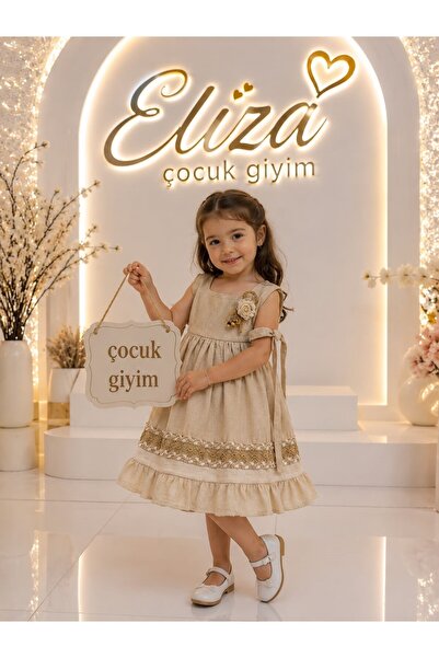 Eliza Çocuk Giyim Eliza Çoçuk Giyim Kız Çocuk Bej Keten Görünümlü Fırfırlı Da...