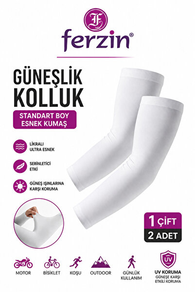 Ferzin Güneşlik Motorcu Kolluğu Beyaz UV Korumalı Likralı Esnek Spor Kolluğu Standart Boy Serinletici Kol Koruyucu 1 Çift (2 Adet)