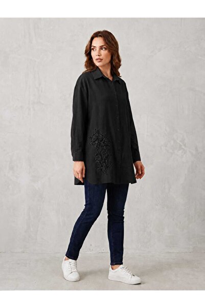 Puane Women's Floral Patterned Bead Embellished Detailed Shirt Tunic 10793