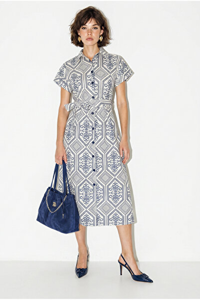 Bianco Lucci Women's 100% Linen Embossed Patterned Elastic Waist Belted Midi ...