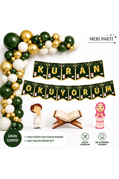 MERİ PARTİ Kuran Okuyorum Balon Zinciri Seti 50 Parça Banner İlk Kur’an Hatim...