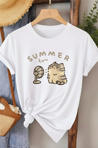 l'eivor تي شيرت نسائي قطني مطبوع عليه Summer Fan Cat