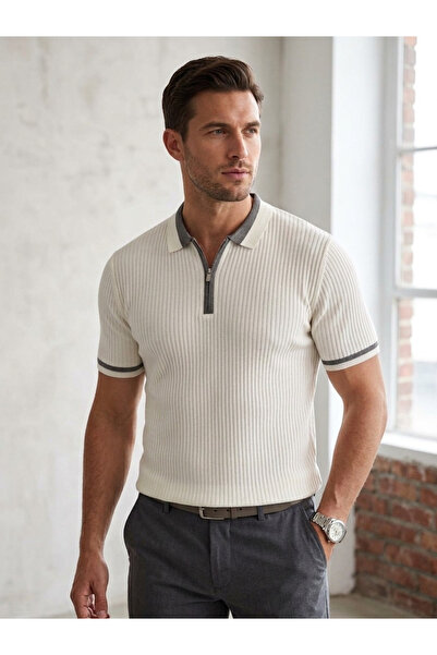 Ewarro Men's Knitwear T-Shirt Zippered Polo Collar Short Sleeve