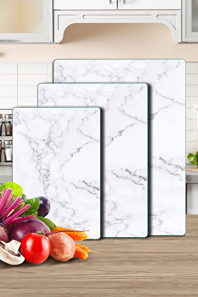 Decovetro 3-Piece Glass Cutting Board and Presentation Tray with White Marble...
