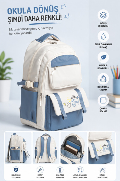 MİECZ BAGS Kore Tarzı Ergonomik Su Geçirmez Kumaş Geniş Kız Çocuk Okul Çantas...