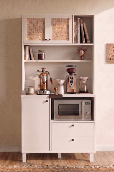 Robin Home Ahşap Jüt Kapaklı Kahve Köşesi Airfry Kiler Dolabı Çok Amaçlı Dola...