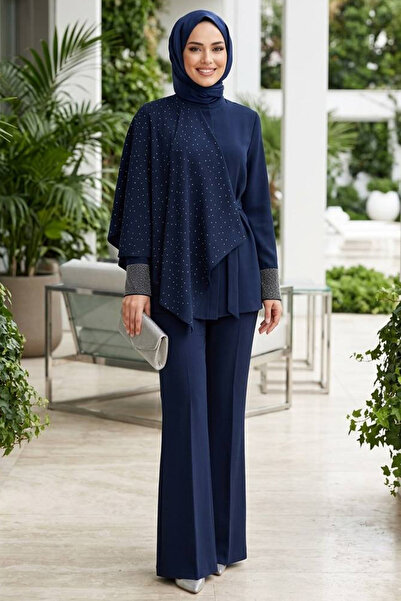 Neva Style Crepe Stone Embroidered Cape Navy Blue Double Suit 95729L