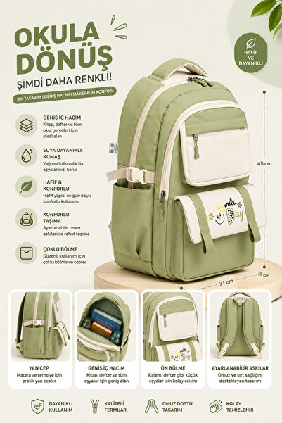 MİECZ BAGS Kore Tarzı Ergonomik Su Geçirmez Kumaş Geniş Kız Çocuk Okul Çantas...