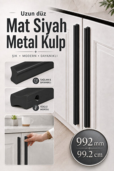 Badem10 Özen 992 mm 99.2 cm Mat Siyah Mobilya Kulp Uzun Çekmece Dolap Kapak K...
