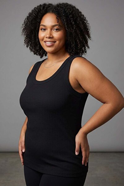 SERTUĞ Trend42Plus Large Size Wide Strap Basic Cotton Top-Black