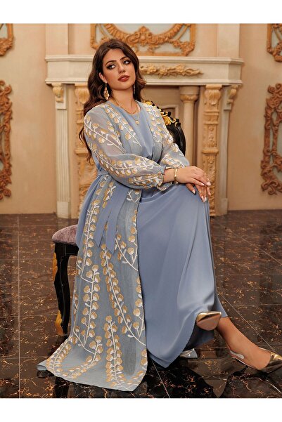 Greneric Muslim Abaya Two-Piece Set with Gold Floral Embroidery and Belt