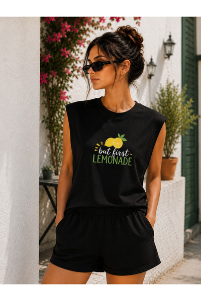 caddekombin Zero Sleeve Lemonade Printed Cotton Combed Crew Neck T-Shirt