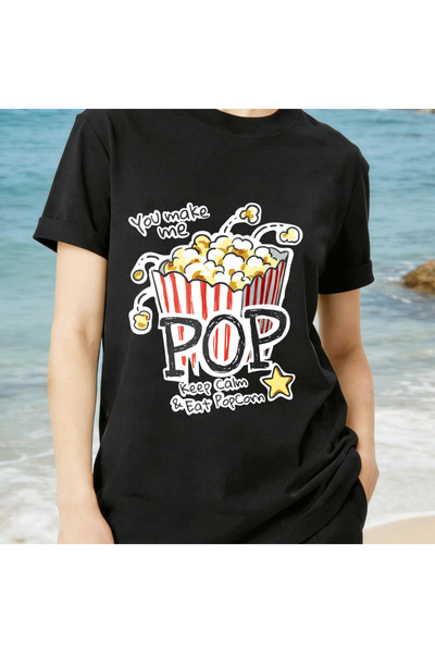 17 seramik قميص نسائي أسود من القطن الخالص 100%، مطبوع عليه "You Make Me Pop"...