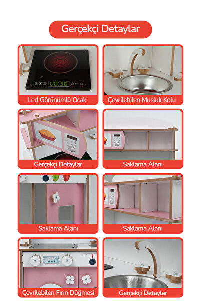 ROZİTOYS Ahşap Montessori Minimal Led Ocak Tasarımlı Çocuklar İçin Eğitici Mutfak 5977
