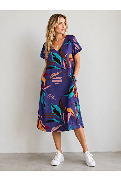 Sibel Günay Butik Rochie din bumbac și viscoză cu model multicolor Indigo, 10...