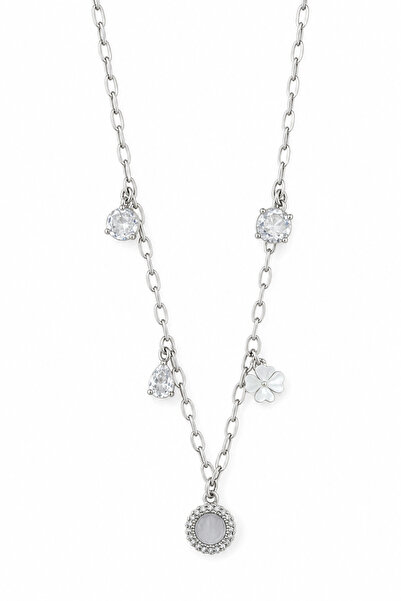 Jack Ferrero Modern Steel Chain Necklace with White Flower and Stone Detail S...