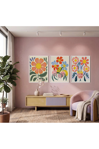KOLAJTASARIM Set de 3 tablouri cu flori abstracte veselă, înrămate alb, pictu...
