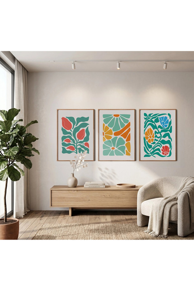 KOLAJTASARIM Set de picturi cu flori abstracte vii, triptic din 3 piese, cu r...