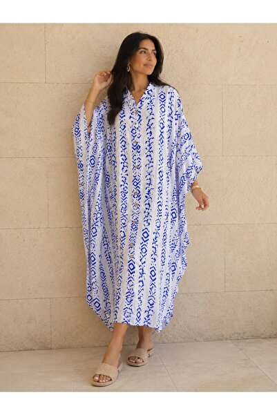 AGORATEKSTİL Women's Full Buttoned Patterned Bat Sleeve Viscose Fabric Loose ...