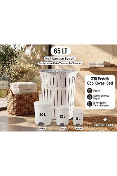 Buclee 4-Piece Bathroom Set: Pleated Dirty Laundry Basket 65 Lt & 3-Piece Ped...