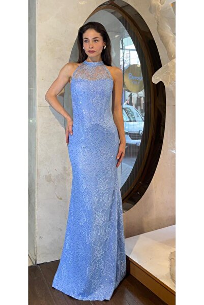 SpringStore Mavi Halter Yaka Payet İşlemeli Dantel Abiye