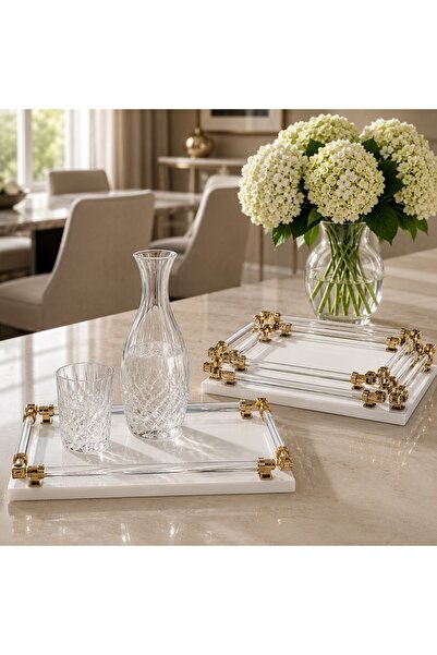 laverahome Luxury Design White Elegant Gold Accents Serving Tray Set |