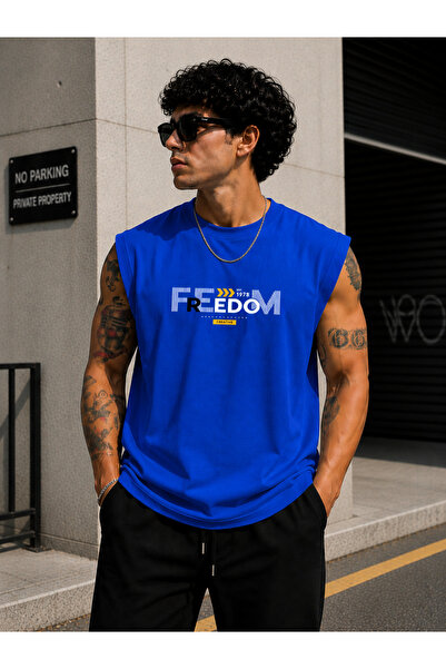 caddekombin Zero Sleeve Unisex Freedom Printed Cotton Combed Crew Neck T-Shirt