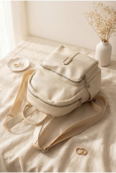 Modamorfo Women's Backpack with Woven Straps and Double Zipper - Cream