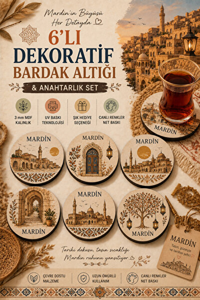 HERALDİS 6-Piece Wooden Uv Printed Coasters Home Office Set