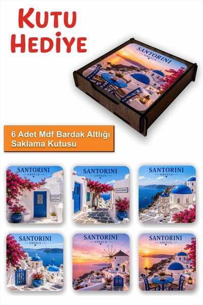 UNT Santorini Themed Set of 6 Mdf Coasters – with Wooden Storage Box 9X9 cm