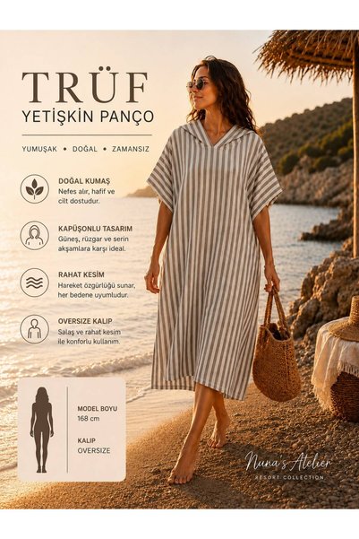 NUNA'S Atelier Truffle |   Striped Poncho |   Hooded Beach and Pool Poncho