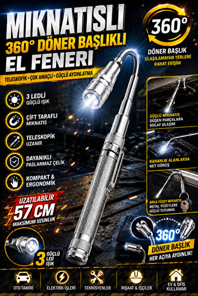 nelerbulurum 360° Döner Başlıklı Teleskopik Mıknatıslı 3 LED Muayene El Fener...