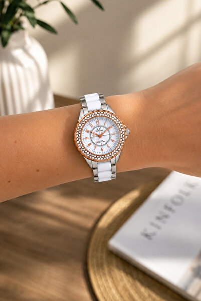 laria jewelry Rose Gold Dial Framed Double Row Stone Detailed Women's Wristwatch