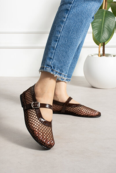 LORENN SHOES Bonnie Brown Mesh Detailed Flat Sole Women's Ballerinas